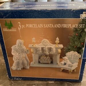 Expressions Holiday Porcelain Santa and Fireplace Set - White and Gold